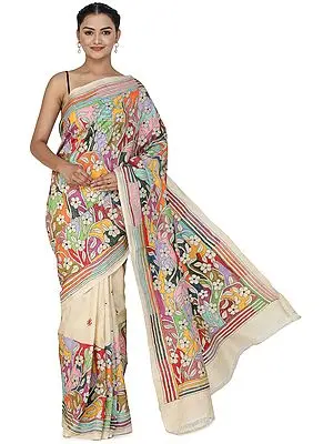 Sheer-Bliss Pure Silk Sari from Bengal with Kantha Hand-Embroidered Flowers and Heavy Pallu