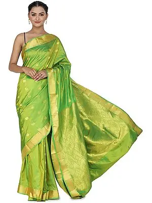 Parrot-Green Uppada Sari from Bangalore with Zari-Woven Pallu and Border