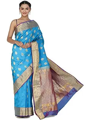 Methyl-Blue Brocaded Uppada Silk Sari from Bangalore with Green Border and Peacocks on Pallu