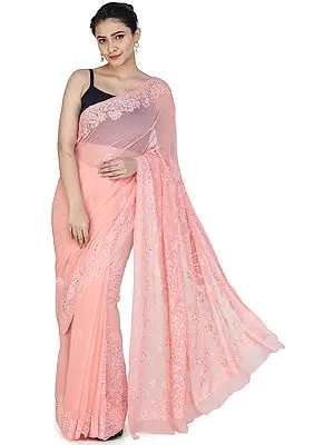 Candlelight-Peach Lukhnavi Chikan Sari with Floral Hand-Embroidery All-over