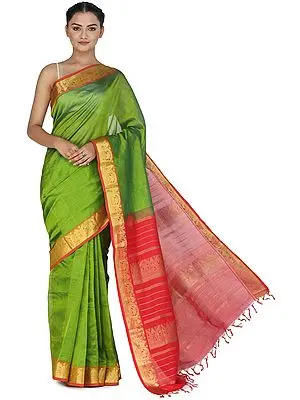 Forest-Green Silk Sari from Channai with Zari-Woven Border and Pallu