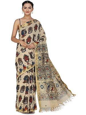 Beige Kalamkari Sari from Telangana with Goddess Laxmi and Peacocks on Pallu