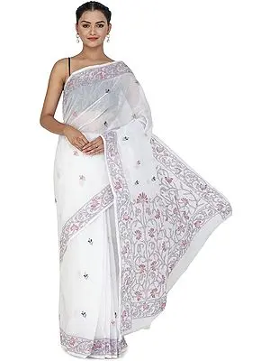 Bright-White Sari from Bengal with Kantha Hand-Embroidery on Border and Pallu