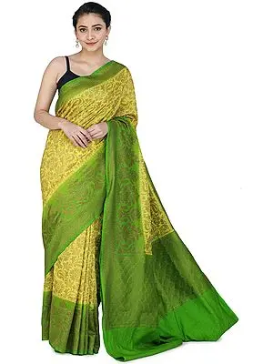 Yellow-Plum Banarasi Sari with Zari Woven Green Pallu and Border