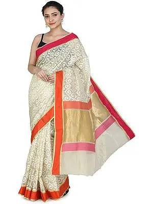 Seedpearl-White Banarasi Silk Brocaded Kora Saree with Woven Spirals