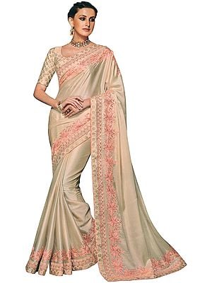 Chamomile Designer Sari with Floral Embroidery in Pink Thread and Beads