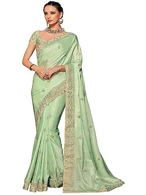 Meadow-Mist Designer Saree with Floral Embroidery in Tonal Thread and Beads