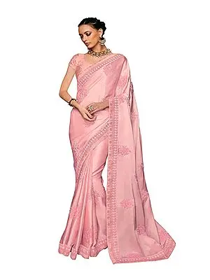 Crystal-Rose Designer Sari with Floral Embroidery in Pink Thread and Beads