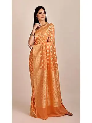 Beautiful Pure Chiffon Peach-Nectar Banarasi Saree (With Unstitched Blouse) | Handloom Zari Woven | Handmade | Made in India