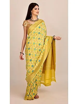 Pure Chiffon Golden-Haze Banarasi Saree with Unstitched Blouse | Handloom Zari Woven