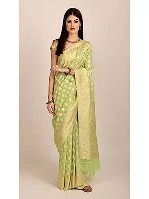 Pure Chiffon Green-Glow Banarasi Saree with Unstitched Blouse | Handloom Zari Woven