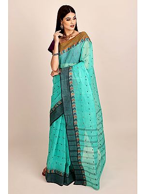 Sea-Green Pure Cotton Hand Woven Tant Sari from Bangal