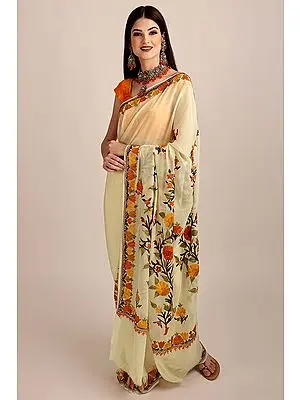 Cream Aari-Embroidered Georgette Sari From Kashmir