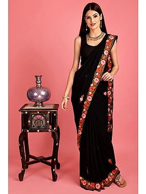 Black Aari-Embroidered Georgette Sari From Kashmir