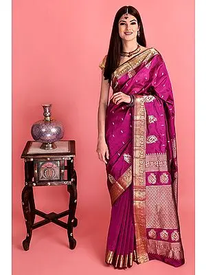 Magenta Hand Woven Uppada Silk Sari From Bangalore with Golden Thread Weave