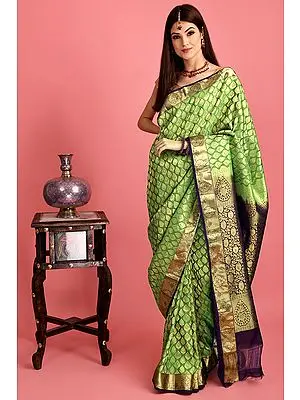 Vibrant-Green Hand Woven Silk Sari From Bangalore Golden Bootis All-over