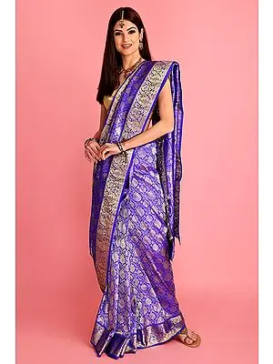 Vibrant-Blue Hand Woven Pure Silk Sari From Bangalore with Paisleys on Border