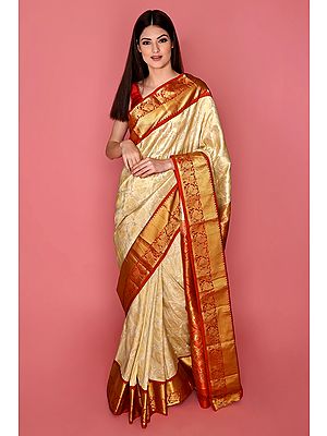 Ivory and Red Handloom Pure Silk Sari From Bangalore with Brocade Weave