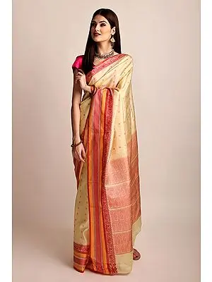Beige & Hot-Pink Hand Woven Pure Silk Sari From Chennai