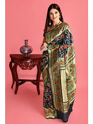 Navy-Blue Handloom Pure Silk Banarasi Sari with Kadhwa Woven Flowers All-over
