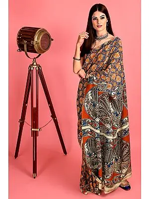 Tri-Coloured Hand-Painted Kalamkari Chiffon Sari from Telangana