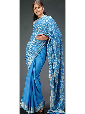 Sea-Blue Banarasi Crush Sari with Jaali Weave