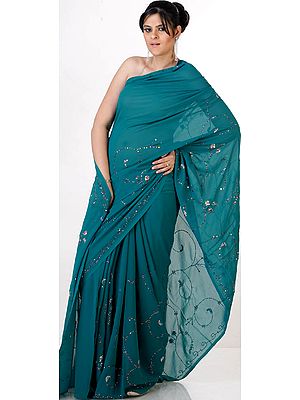 Sea-Green Georgette Sari with Multi-Color Sequins