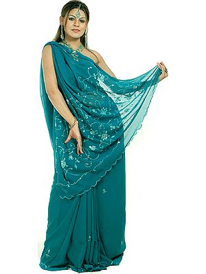 Sea-Green Sari with Sequins and Threadwork