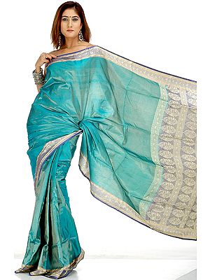 Sea-Green Satin Sari Handewoven in Banaras with Tanchoi Weave on Border and Pallu