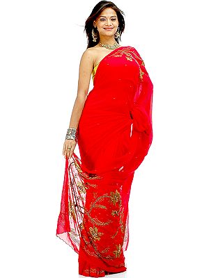 Sequined Cerise Sari with Beadwork