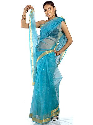 Sky-Blue Chanderi Sari with All-Over Bootis in Golden Thread