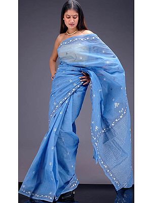 Sky-Blue Kantha Stitch Sari