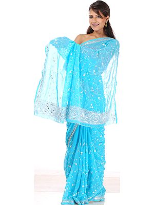 Sky-Blue Sari with All-Over Silver Thread Embroidery and Sequins
