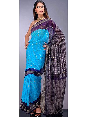 Sky-Blue Sari with Golden Thread Work