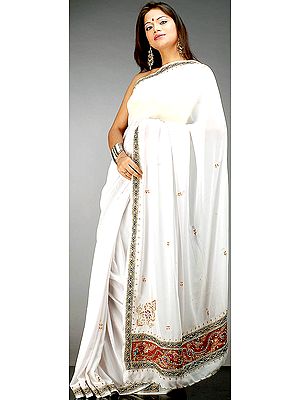 Snowy White Sari with Beads and Multi-Color Sequins