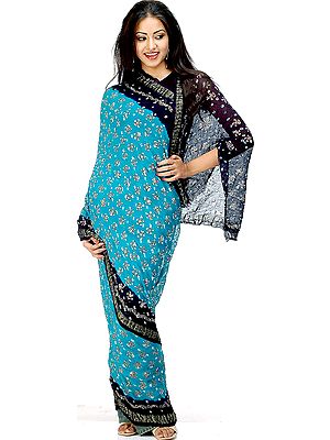 Spring-Green Block-Printed Crush Sari from Gujarat