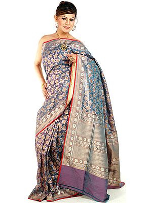 Steel-Blue Banarasi Jamdani Sari with Stylized Bootis Woven by Hand All-Over