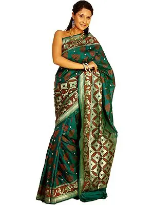 Storm-Green Banarasi Sari with All-Over Woven Leaves and Brocaded Anchal