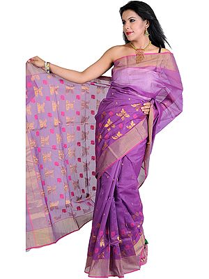 Sunset-Purple Chanderi Sari with Hand-woven Paisleys and Golden Border