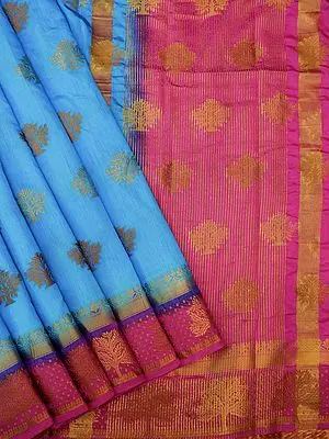 French-Blue Dupion Silk Banarasi Saree with Brocaded Floral Motif
