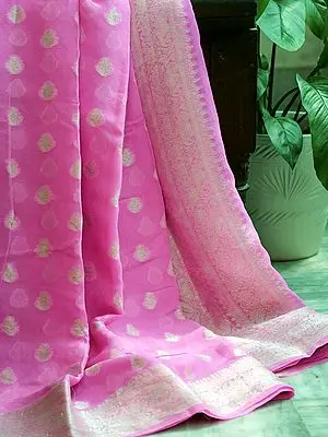 Baby-Pink Khaddi Silk Banarasi Saree with Brocaded Floral Motif