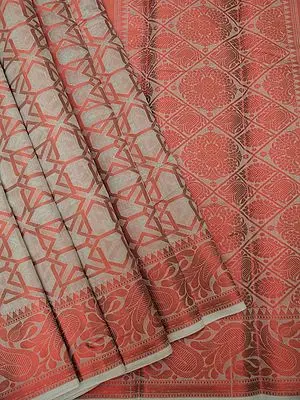 Art Silk Banarasi Saree with Trellis Pattern on Body and Floral Motif on Border-Pallu