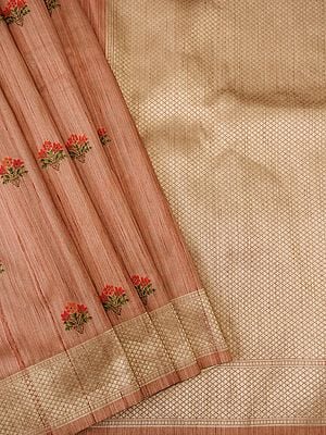 Banarasi Linen Silk Handloom Saree With Flower Bunch Motif And Contrast Broad Border