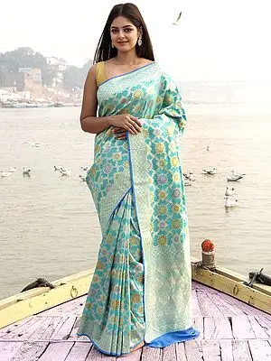 Blue-Curacao Pure Munga Silk Chakra-Chowkadi Jaal Pattern Banarasi Handloom Saree With Floral Motif Pallu