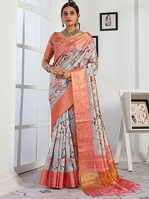 Heavy Assam Silk Floral Rose Digital Print Saree with Blouse and Heavy Swarovski Work