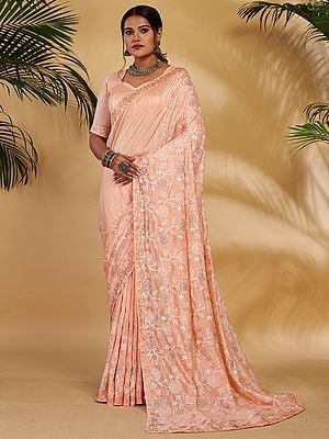 Cotton Viscose Saree With Blouse And All-Over Phool Bail Thread-Swarovski Work