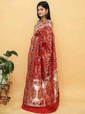 Poppy-Red Pure Katan Meena Floral Vine Pattern Banarasi Saree With Mughal Motif On Pallu