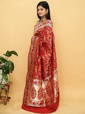 Poppy-Red Pure Katan Meena Floral Vine Pattern Banarasi Saree with Mughal Motif on Pallu