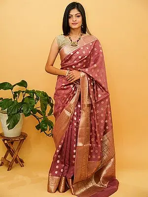 Desert-Rose Munga Silk Drop Buti Pattern Banarasi Saree with Vine Pattern Border