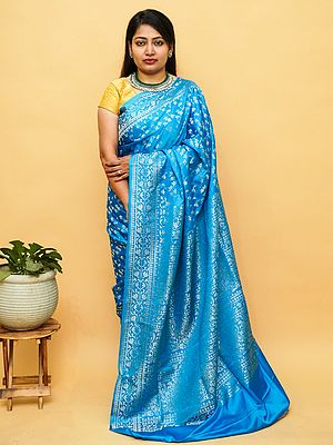 Malibu-Blue Katan-Satin Silk Banarasi Floral Bail Pattern Saree With Bold Paisley Motif Pallu
